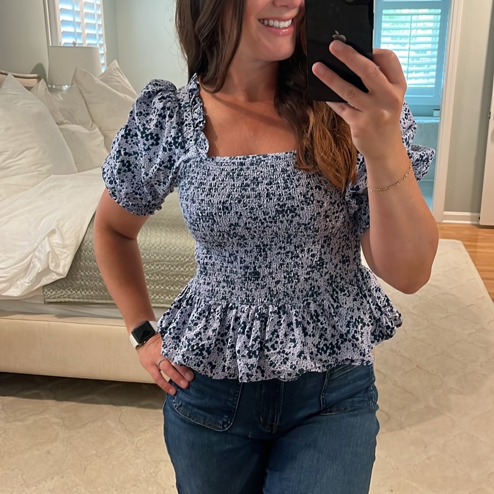Cece Smocked Purple & Navy Floral Top